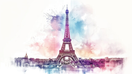 watercolor aquarelle illustration painting of Eiffel Tower on white background