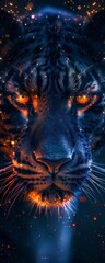 Mystical digital art of a tiger with glowing eyes and cosmic elements in vibrant colors, creating a surreal and captivating visual experience.