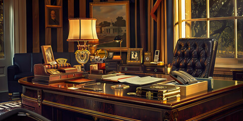 Governor's Desk: An elegant desk with official seals and documents, paired with a computer and phone, symbolizing the duties and power of a state governor