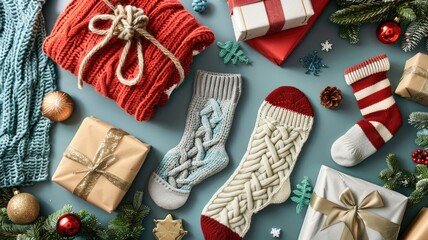 A flat lay of cozy knitted items, Christmas gifts, and festive decorations, perfect for holiday warmth and gift-giving inspiration.