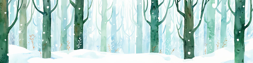 A charming background on winter snowy theme, in blue and olive,  minimalistic illustration with a Winter Trees, snowflakes, christmas and happy new year greeting card, poster, banner with copy space