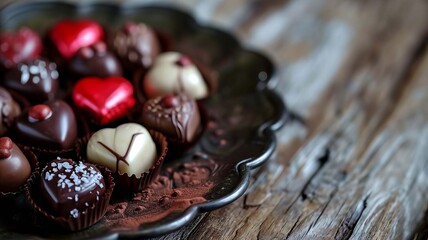 heart shaped chocolate on a tray. selective focus. Generative AI,