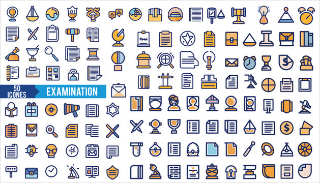 Examination icon collection set.Containing assessment,evaluation,testing,time management,decrease,result,data analysis
 analysis,grading,storing,simulation icon. Simple flat vector illustration.
