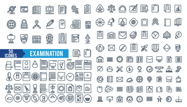 Examination icon collection set.Containing assessment,evaluation,testing,time management,decrease,result,data analysis
 analysis,grading,storing,simulation icon. Simple flat vector illustration.
