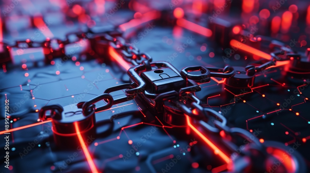 Poster a close-up of interconnected metal chains with glowing red lights represents blockchain security. th