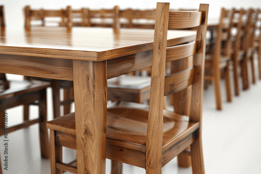Poster wooden chairs and table in a cafe emphasizing a rustic and inviting environment