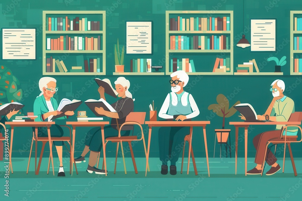 Poster a group of elderly individuals studies foreign languages using textbooks and dictionaries in a warm,