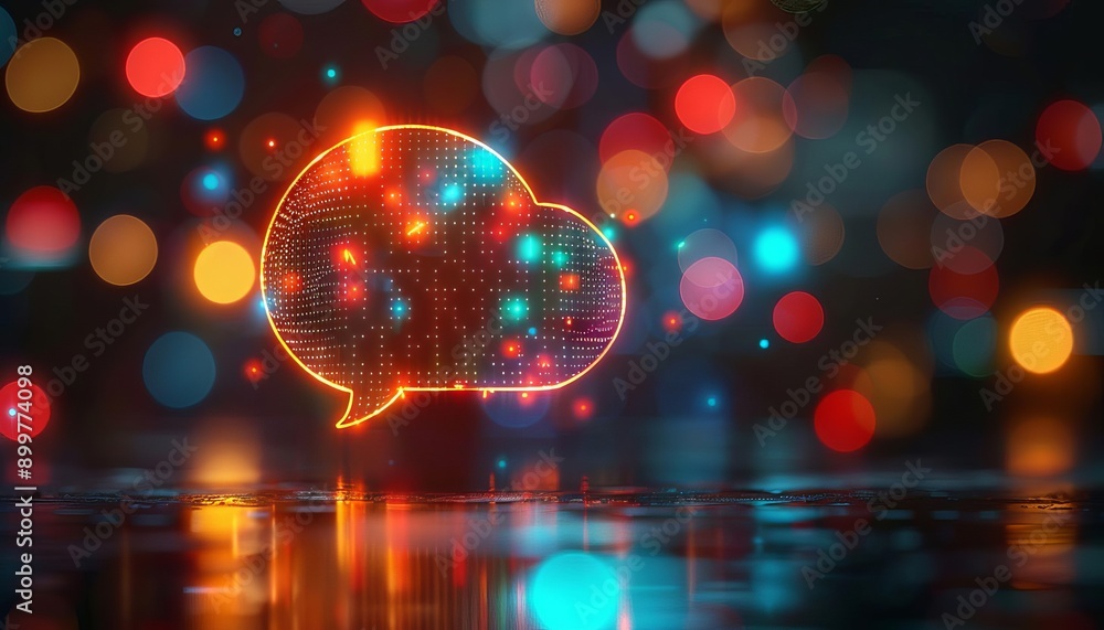 Poster a vibrant digital illustration of a glowing speech bubble with colorful bokeh lights, symbolizing co