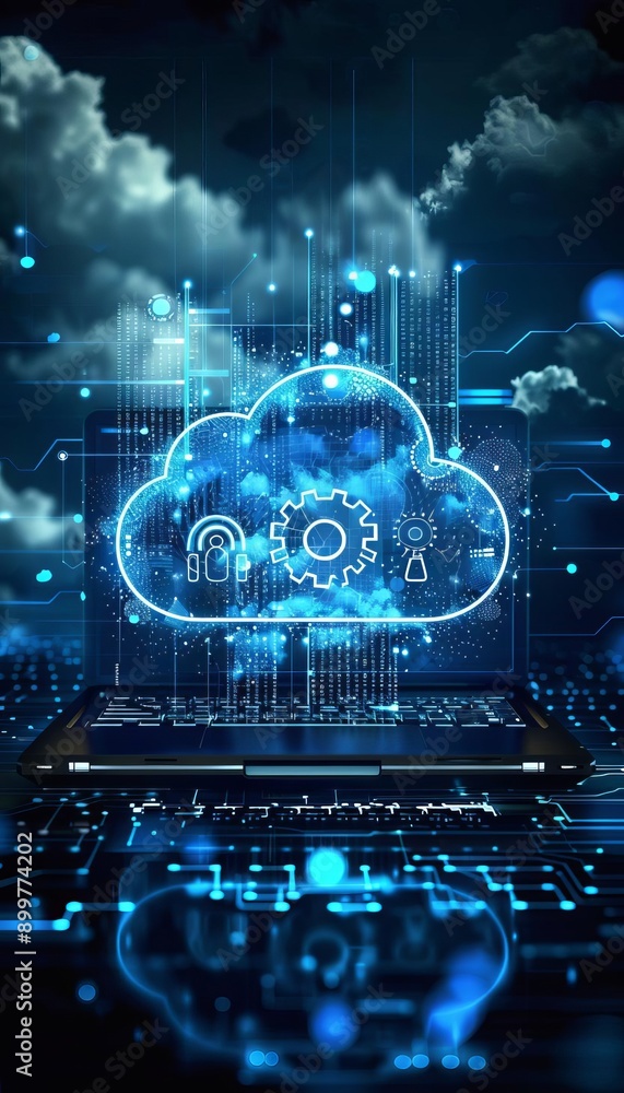 Poster futuristic cloud technology concept with digital interface on a dark background, representing data s