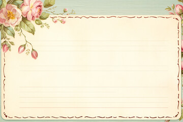 Blank vintage floral lined paper recipe card background for printable digital paper, art stationery and greeting card illustration idea