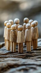 A close-up shot of wooden peg dolls standing on a rustic surface, arranged in a circular formation, highlighting teamwork and community.