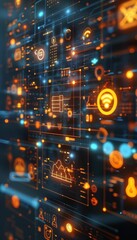 Abstract digital interface with futuristic icons and technology concepts. Ideal for background related to modern technology, networks, and data.