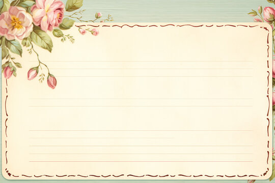 Blank vintage floral lined paper recipe card background for printable digital paper, art stationery and greeting card illustration idea