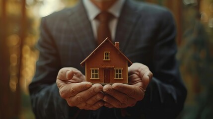 A man in a suit holding a small wooden house model in a serene forest background, symbolizing real estate and home ownership.