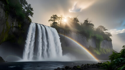 A majestic waterfall cascading down a rocky cliffside