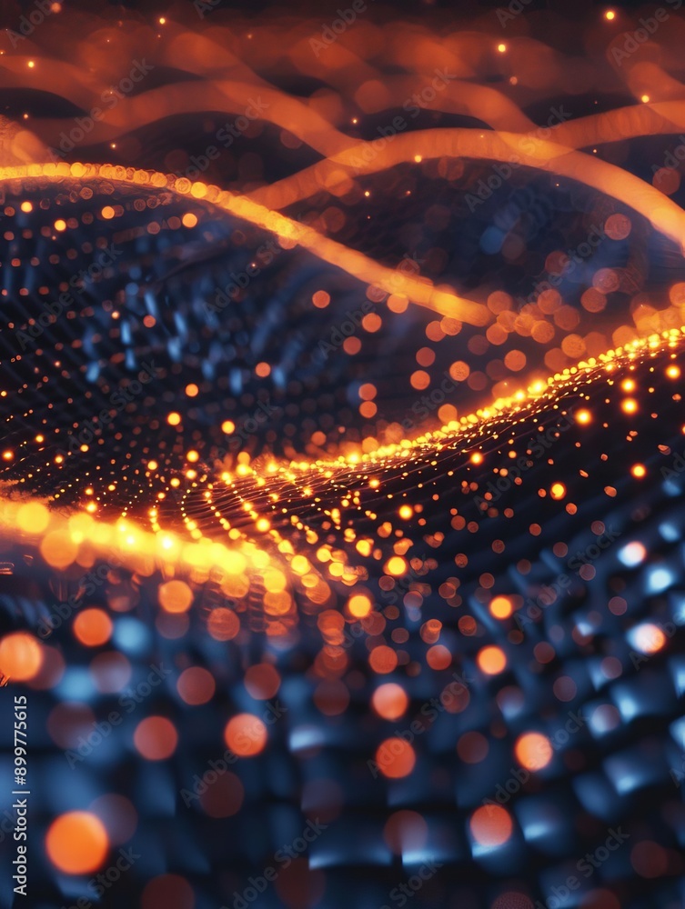 Poster abstract digital background featuring a wave of glowing orange particles on a dark surface, creating