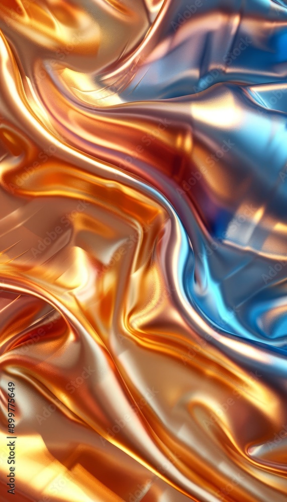 Poster close-up of shimmering metallic textures in gold and blue, creating a vibrant abstract background wi