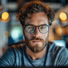 Focused young man with glasses working on a computer in a modern office environment, illuminated by warm lights.