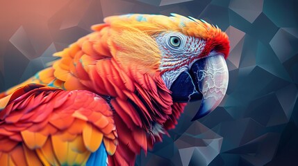 Fototapeta premium Colorful close-up of a vibrant parrot with bold feathers against a geometric background, showcasing vivid and striking details.