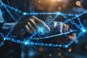 Blockchain technology  data encryption. Businessman using digital tablet with AI blockchain technology and data science  cloud computing  database management  innovative technology background .