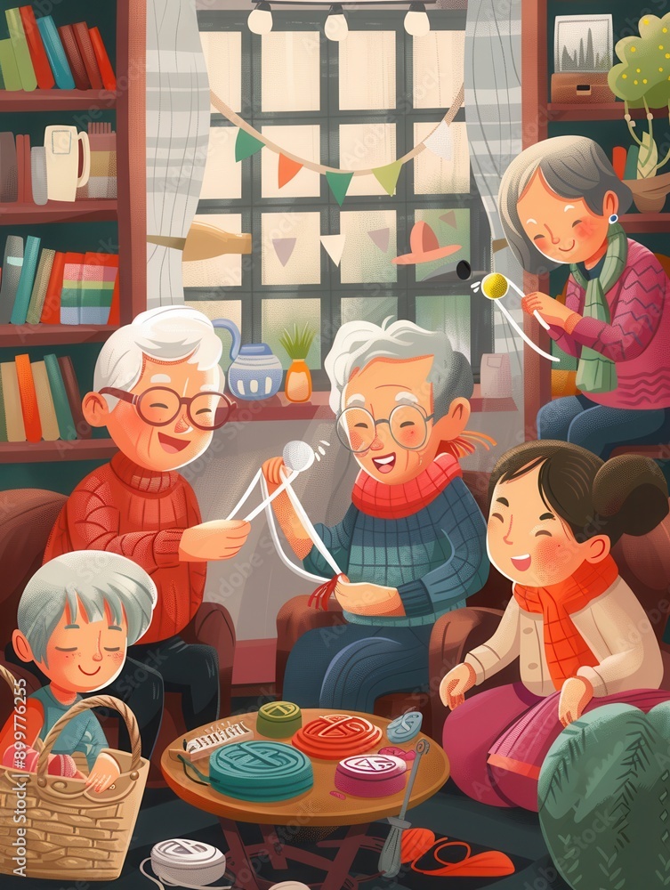 Poster a group of elderly people happily participates in a crafting session, knitting and sewing, creating 