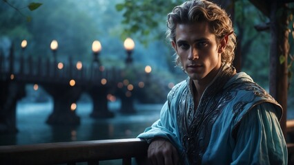 elf dressed in blue in the magical kingdom in the enchanted forest. blonde elf. elf guy - elf man - elf boy.seriouz elf-guy-mistery-sexy-blonde-elf-boy.guy-in-the-bridge.