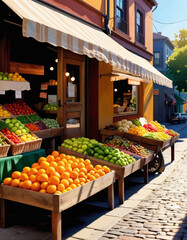 Fototapeta premium Fresh Produce Market Display on Brick Street