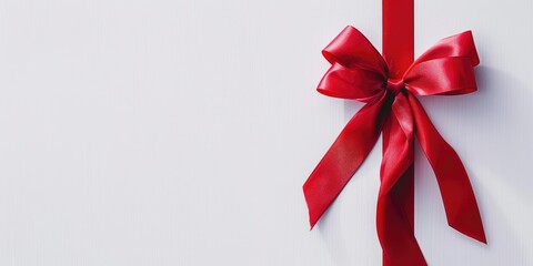 A big red ribbon is tied on a white background. AI generation.