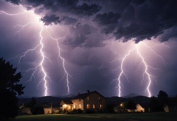 lightning bolts branching across the sky with purple clouds hit a house