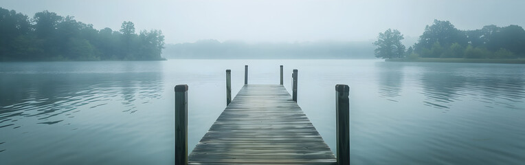 Obraz premium Wooden Dock Extends into Calm Lake on Foggy Day with Reflective Gray Sky