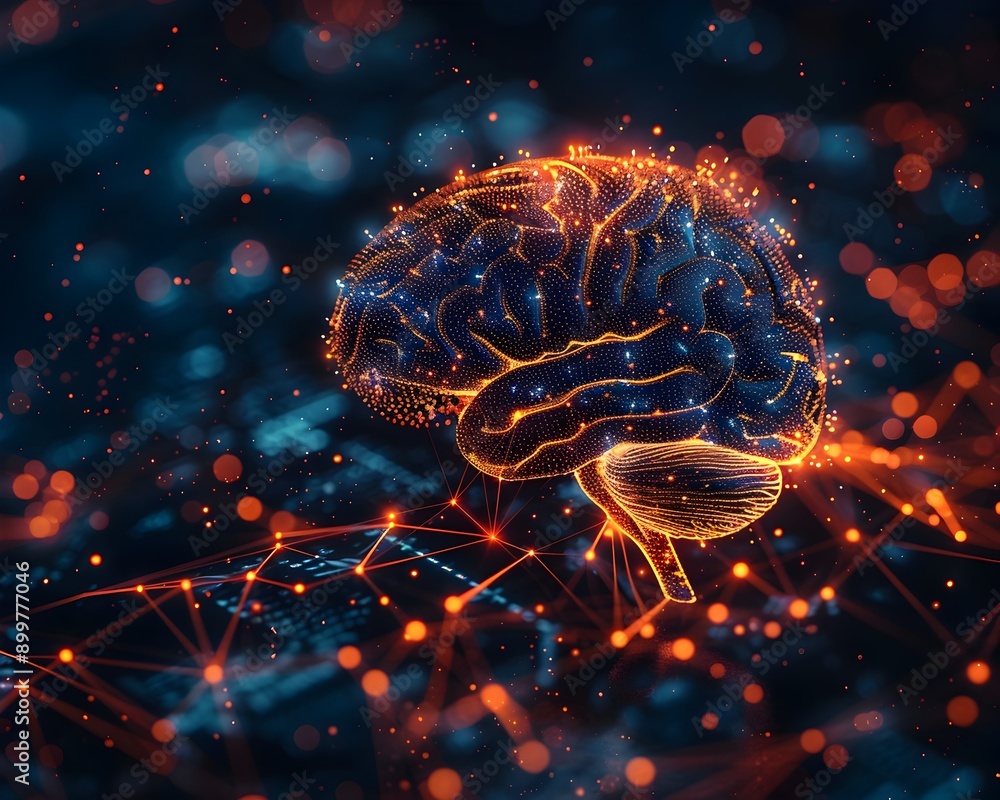 Poster illuminated brain with neural pathways highlighting cognition and memory concept