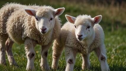 Obraz premium Cute Lambs in Natural Pasture