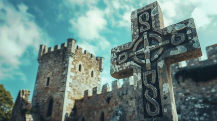 A large stone cross is in front of a castle