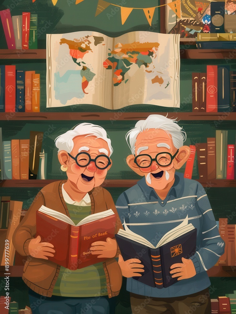 Leinwandbilder two elderly individuals are joyfully studying foreign languages, surrounded by textbooks and diction