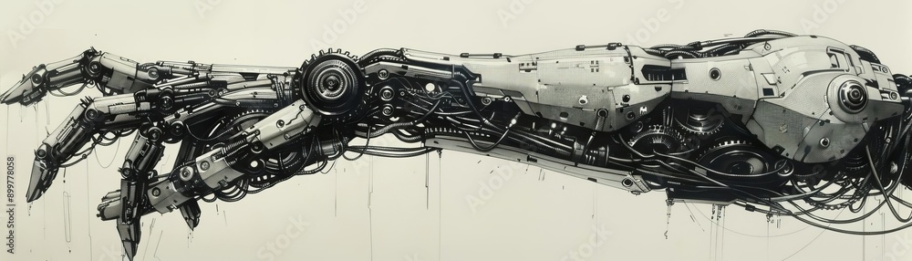 Poster close-up of a futuristic robotic arm showcasing intricate mechanical details and advanced technology