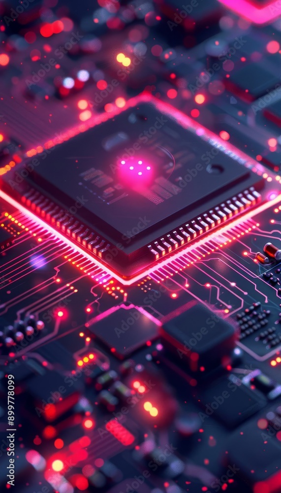 Poster close-up shot of a high-tech microchip on a motherboard with vibrant circuits illuminated by neon li