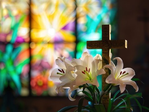A cross is placed in front of a bunch of white lilies