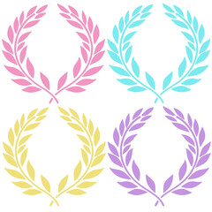 four laurel shapes in the pastel shades of pink, blue, yellow, lilac