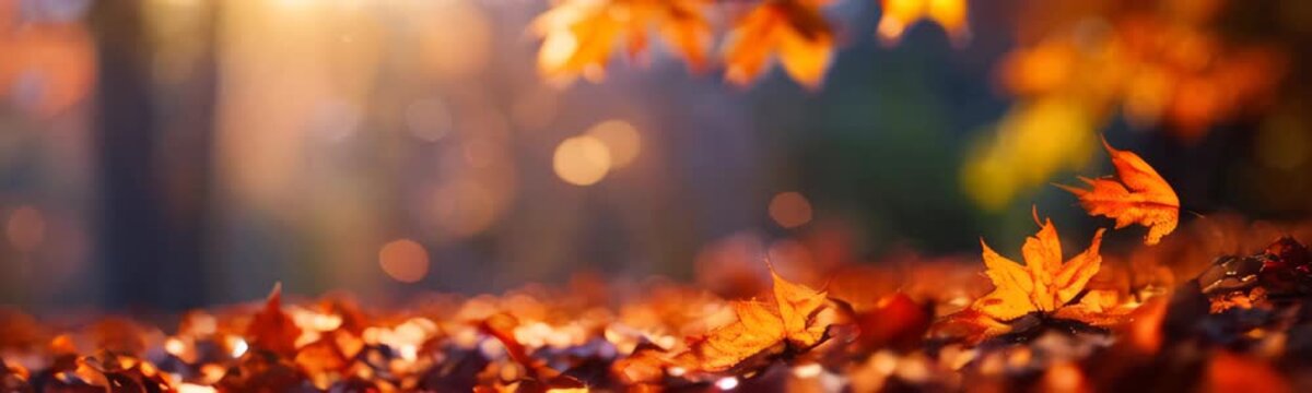 abstract autumn forest background with golden lighting and bright orange maple leaves. beautiful colorful fall season nature scene with copy space. Web site autumn banner