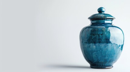 Blue ceramic jar on white background with space for text