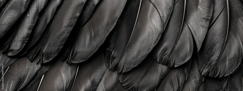 Poster a close up of black feathers with a lot of detail. the feathers are arranged in a way that creates a