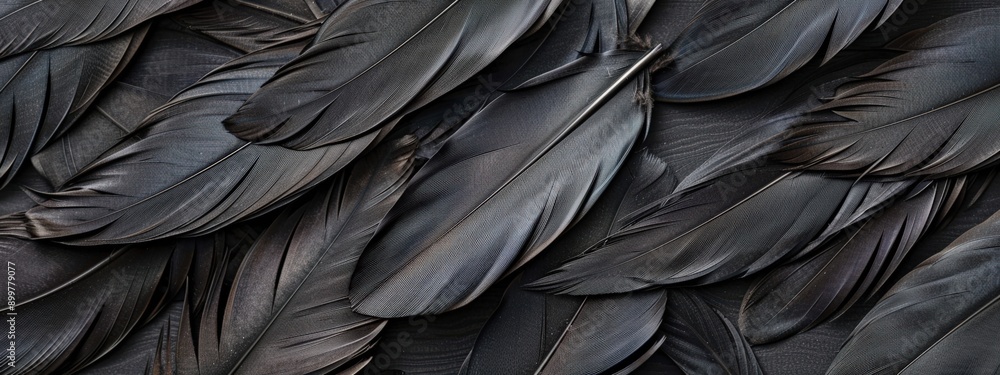Poster the image is of a close up of black feathers, with the focus on the intricate patterns and textures 