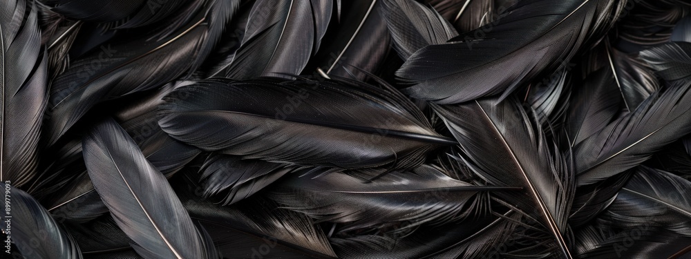 Poster a close up of black feathers with a dark background. the feathers are arranged in a way that creates