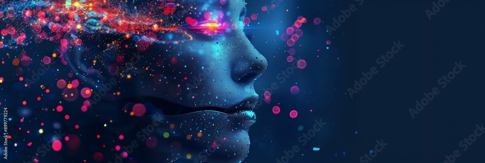 Poster Vibrant AI concept with a futuristic robot head surrounded by colorful lights and digital effects. Celebrating innovation.