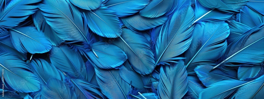 Poster a blue feathery background with blue feathers scattered throughout. the feathers are of different si
