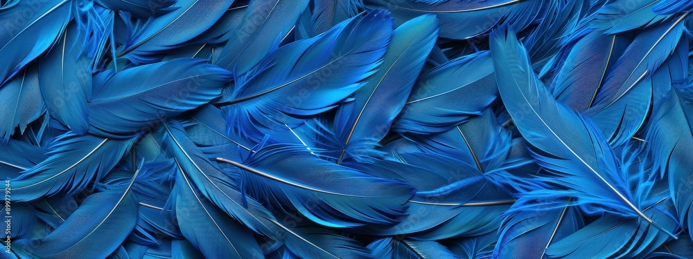 Poster a blue feathery background with blue feathers scattered throughout. the feathers are of different si
