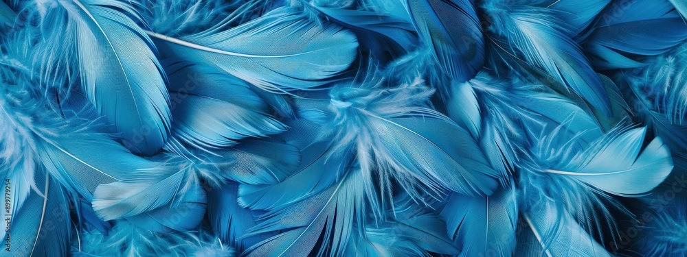 Poster a blue feathery pattern with a blue background. the feathers are arranged in a way that creates a se