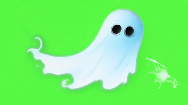 Funny ghost character is flying for Halloween isolated green screen background . Scary spooky Happy Halloween design