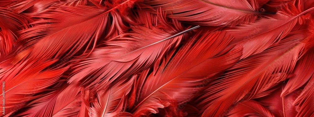 Poster a close up of red feathers with a watermark that reads. concept of warmth and beauty, as the red fea