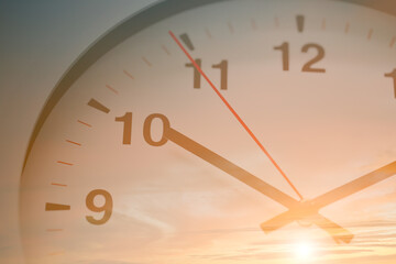 Times Clock Face Overlay Double Exposure With Evening Summer Sky For Day Time Business Time Concept.